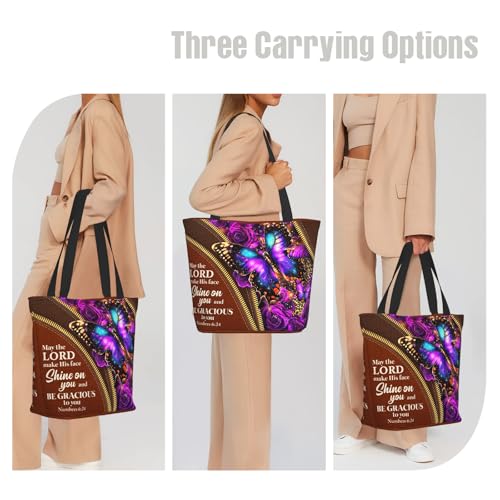 Bible Tote Bags for Women Christian Tote Bag Church Shoulder Bag Inspirational Bags With Zipper Christian Gift - color: The Lord Make His Face Shine