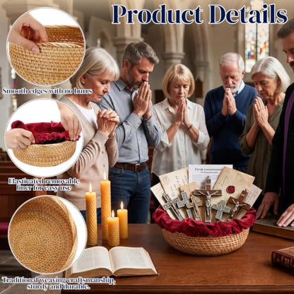 Newtay 10.3 Inch Round Offering Baskets for Church, Wicker Offering Bowl with 2 Removable Liners, Rattan Church Tithes Donation Bowl Communion Smudge Storage Basket for Home Altar Decor