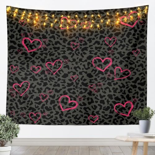 Erosebridal Grey Black Leopard Tapestry 71x92,Pink Love Hearts Tapestry For Bedroom Aesthetic,African Cheetah Print Tapestries,Farmhouse Rustic Wall Hanging - color: Black Grey Pink, size: 92.5"L x 70.9"W