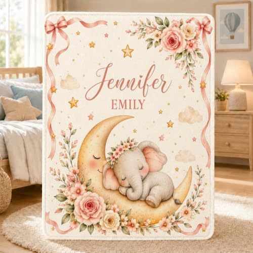 Personalized Baby Elephant Blanket with Name, Floral Moon and Stars - color: Baby Blanket #1