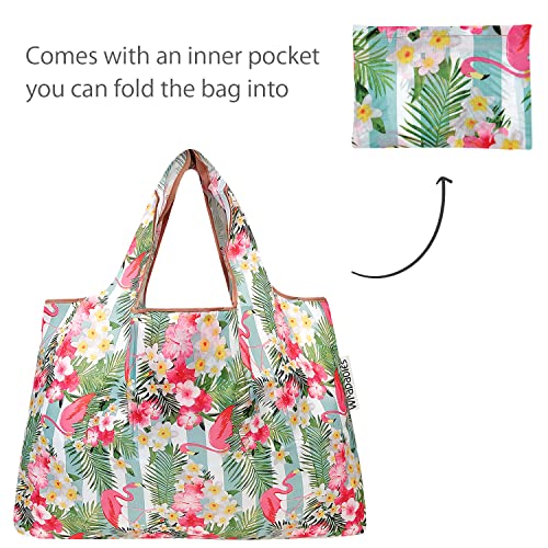allydrew Large Foldable Tote Nylon Reusable Grocery Bags - color: Set of 2, Flamingos & Tropical Flowers, size: Large & Small (Set of 2)