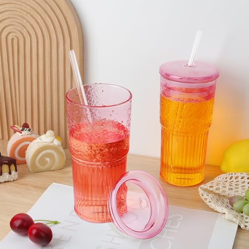 Joeyan 22 oz Pink Glass Tumbler with Straw and Lid,Ribbed Glasses Cups - color: Pink colored glass tumbler