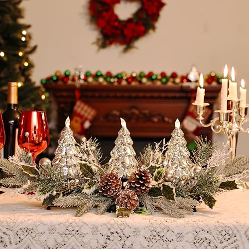Silver Christmas Tree & Pine Cone Table Centerpiece with LED Lights - color: Silver Tree