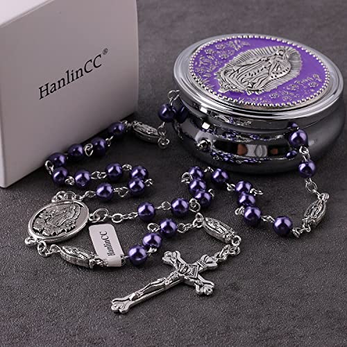 HanlinCC Guadalupe Catholic Rosary Glass Pearl Beads Necklace with Gift Box - color: Guadalupe Rosary Purple
