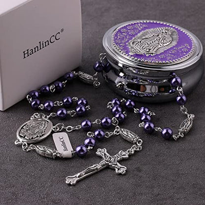 HanlinCC Guadalupe Catholic Rosary Glass Pearl Beads Necklace with Gift Box - color: Guadalupe Rosary Purple