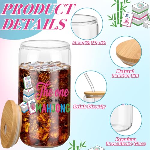 Teenyyou 12 Set of Mahjong Glass Cup with Bamboo Lid and Glass Straw 16oz Mahjong Glasses Jar Summer Drinking Cups Beer Iced Coffee Cup Tumbler Mugs for Women Men Birthday Party or Game Night Gifts - style: Mahjong