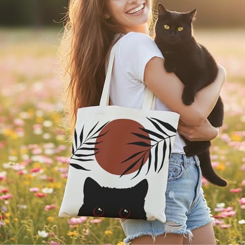 Canvas Tote Bag for Women with Zipper Cute - color: Boho Cat