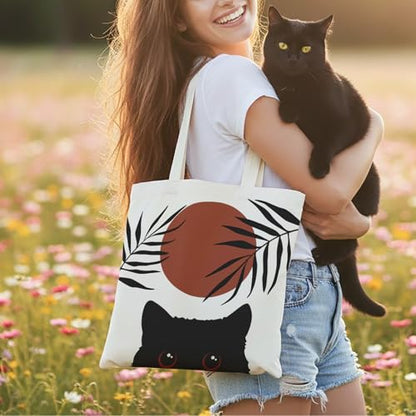Canvas Tote Bag for Women with Zipper Cute - color: Boho Cat