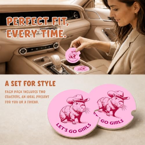 Pink Western Capybara Car Coasters, Let's Go Girls Coquette Cup Holders, 08 - color: Pink Capybara