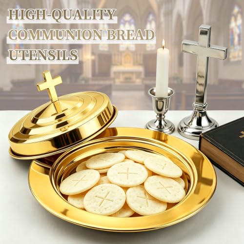 Communion Bread Tray with Lid for Churches, Round Stainless Steel Bread Plate with Cover for Wafers, Church Supplies Serving Tray for Communion and Altar Service, 1Pcs Gold Bread Tray - color: Gold