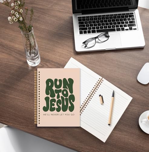 Retro Green Christian Spiral Notebook, Run to Jesus Bible Verse Journal, Religious Scripture Journals for Writing, Bible Notebooks for Note Taking, Church Notes Journal, 5.5x8.3 Inch - color: God-Run
