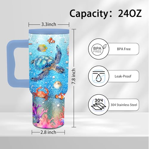 24 oz Tumbler with Handle and Straw, Sea Turtle Gifts, Stainless Steel - color: Sea Turtle 2