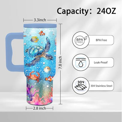 24 oz Tumbler with Handle and Straw, Sea Turtle Gifts, Stainless Steel - color: Sea Turtle 2