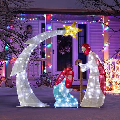 VINGLI 3.7FT Lighted Nativity Scene Outdoor Christmas Decoration with LED Lights, Light up Outdoor Religious Decor with Jesus, Mary, Holiday Yard Decoration for Christian Families, Moon Shape