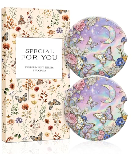 Swooflia 2 Pack Absorbent Ceramic Car Coasters for Women - color: Butterfly and Flower