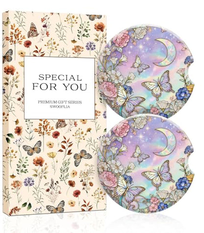 Swooflia 2 Pack Absorbent Ceramic Car Coasters for Women - color: Butterfly and Flower