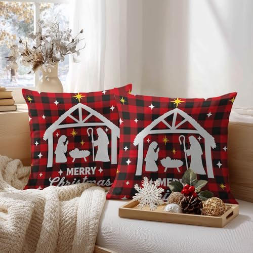 HOMETITUTE Set of 2 Christmas Nativity Plaid Pillow Covers 18x18 Inch - color: Christmas Throw Pillow Covers #07