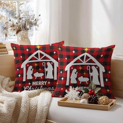 HOMETITUTE Set of 2 Christmas Nativity Plaid Pillow Covers 18x18 Inch - color: Christmas Throw Pillow Covers #07
