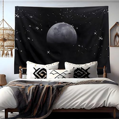 TUGCAY Moon Tapestry Black Tapestry Starry Night Sky Stars Tapestries Wall Hanging for Bedroom College Dorm Living Room Aesthetic Decoration(80x60 Inch) - size: 80"L x 60"W