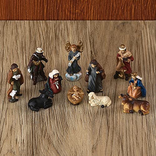 Tnfeeon 11 Pcs Christmas Indoor Resin Nativity Figurine Set Collectible Countertop Nativity Figures Miniature Statue Holy Family Decor