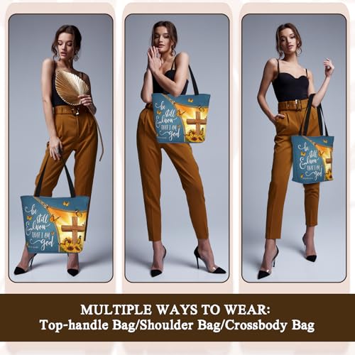 Women's Canvas Tote Bag with Zipper, Large Capacity Shoulder Bag for Work, Travel & Daily Use, Gifts for Mom - color: Be Still and Know That I Am God
