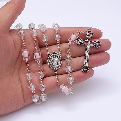 KOMI Rosary Beads Catholic for Women Gemstone Rosary Beads Necklace with Crucifix Cross Crystal Pearl Rosary Rosarios Catolicos Catholic Gifts - style: White rosary with box