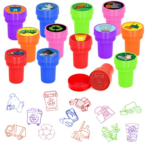 Cinrobiye 24 Pcs Garbage Truck Stampers Party Favor Set, Cute Waste Truck Stamps for Kids Birthday Party, Classroom Rewards, City Vehicle Toys, Goody Bag Fillers, Transportation Themed Party Supplies - color: Garbage Truck