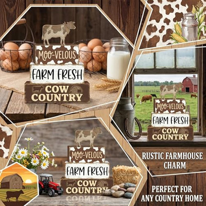 Britimes Tiered Tray Decor Set, 4 Pack, Wooden Table Sign, Cow Farmhouse - style: Brown Cow