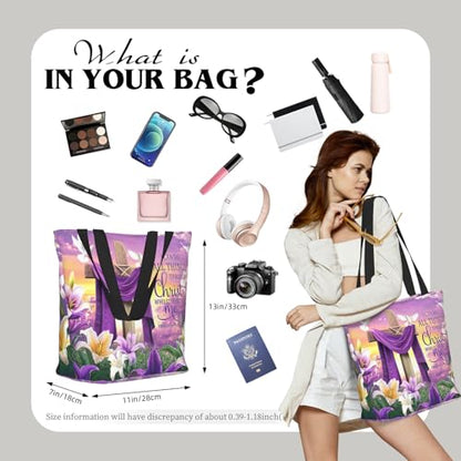 Bible Tote Bags for Women Christian Gifts Religious Church Shoulder Bag - color: Purple Cross