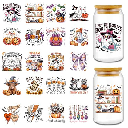 Rngmsi UV DTF Cup Wrap - 20 Sheets Spooky Fall Halloween UV DTF Wraps for 16 oz Glass, Bat Web Pumpkin UVDTF Stickers, Rub on Transfer Decals for Drinking Cups DIY Crafts for Water Bottles - style: Spooky Fall Halloween