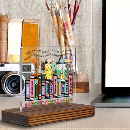Instructional Coach Gift for Teacher Appreciation or End of School Year, Inspirational Book Stack Desk Sign with Positive Traits, Thank You Plaque for Office or Staff Lounge Decor EC296 - style: Instructional Coach Gift