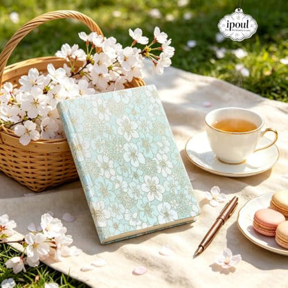 Blue Notebook, Beautiful Writing Journal for Women, A5, Hardcover, Lay Flat, Ruled Paper, Cherry Blossom Flowers, Cyan - color: Cherry Blossom Cyan