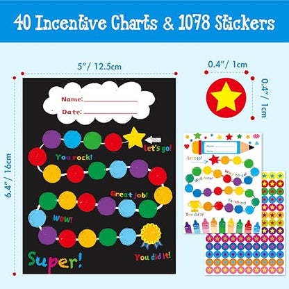40 Pack Incentive Chart, 2 Adorable Designs with 1078 Stickers, Classroom Family Reward Chart System for Kids Homework Assignments, Attendance, Good Behavior, Chores, Potty Training Progress - style: Universe and Dinosaurs