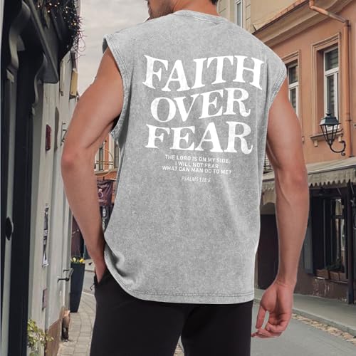 Mens Christian Sleeveless Shirts Faith Over Fear Graphic Tank Tops Gym Workout Acid Wash Tanks Cut Off Muscle Shirt - color: Light Gray, size: XX-Large