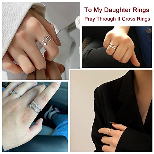 Harlermoon To My Daughter Pray Through It Cross Ring Double Cross Adjustable Baptism Gold CZ Diamond Creative Wedding Commitment Ring for Woman - color: silver&gold