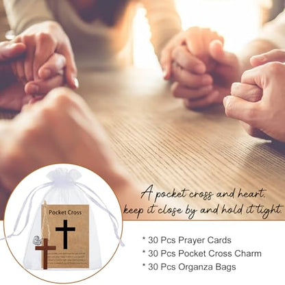 30 Wooden Pocket Crosses with Prayer Cards - Bulk Christian Gifts