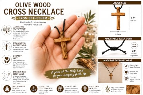 Olive Wood Cross Necklace from Bethlehem – 1.5" Wooden Crucifix Pendant with 24" Adjustable Black Cord, Christian Jewelry for Men and Women