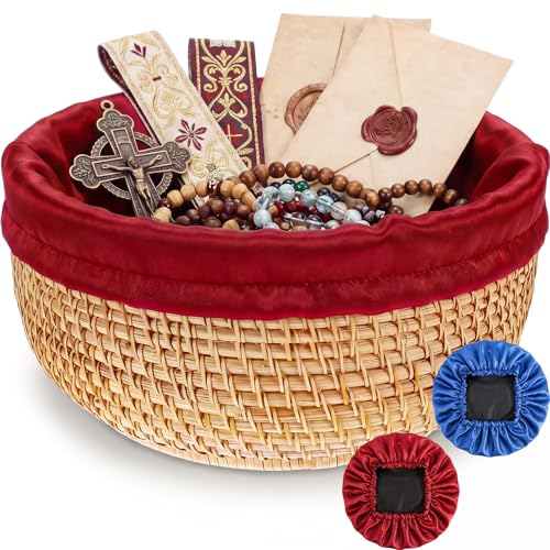 Newtay 10.3 Inch Round Offering Baskets for Church, Wicker Offering Bowl with 2 Removable Liners, Rattan Church Tithes Donation Bowl Communion Smudge Storage Basket for Home Altar Decor