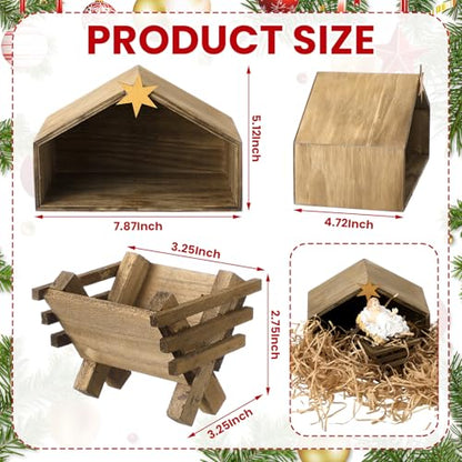 Threehoney Wooden Jesus Manger Scenes Christmas Nativity Stable with Raphia Grass Christmas Decoration Mini Manger Holy Family Nativity Scene Xmas Home Table Desk Decor
