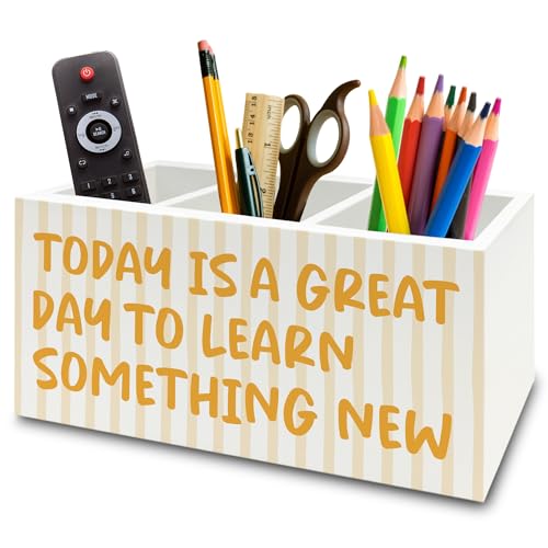 Inspirational Pen Pencil Holder Organizer for Desk, Motivational Gifts for Women, Today Is a Great Day to Learn Something New Wooden Box Sign for Home Office Desk Tabletop Decorations - color: colour26