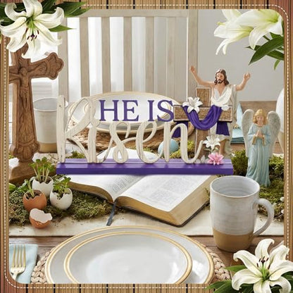 Cinnvoice He Is Risen Easter Decoration Religious Easter Table Sign Farmhouse Metal Letter Christian Tabletop Centerpiece Signs Cross Spring Tiered Tray Decorations for Office Home Party Supplies