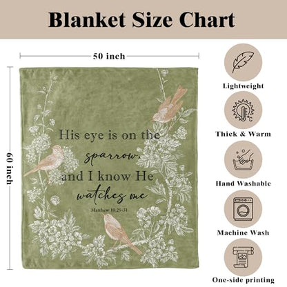 Christian Sparrow Bird Blanket, Christian Gifts for Women Men, His Eye is on the Sparrow Religious Bible Verse Bird Throw Blankets for Bedroom Living Room Couch Sofa, 50x60 Inches - color: Bird