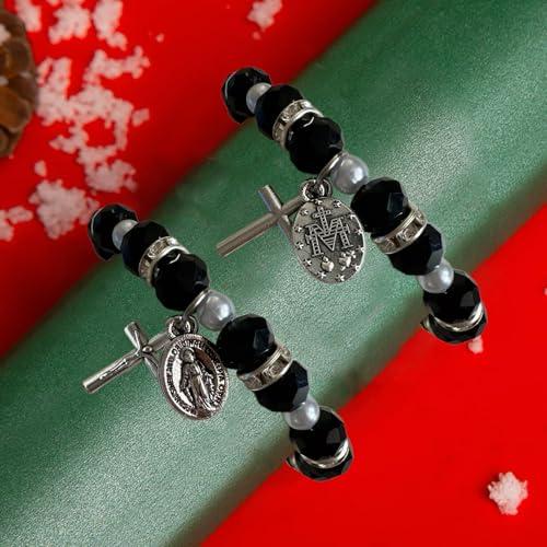 Bovemee 2Pcs Handmade String Miraculous Medal Pink Virgin Mary Bracelets, Crucifix Cross Red Rosary Bracelet Catholic Gift for Women Men - color: Black