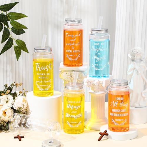 LemonRoad 20 Pack Christian Gift Religious Cups Bulk 13.5 oz Bible Verse Plastic DIY Mason Jar Cups with Straw Lid Reusable for DIY Craft Church Coworker Employee Gift Decoration(English) - style: English