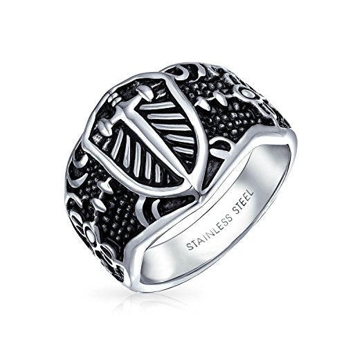 Men's Fleur De Lis Cross Signet Ring Oxidized Silver Tone Stainless Steel - color: Silver Black
