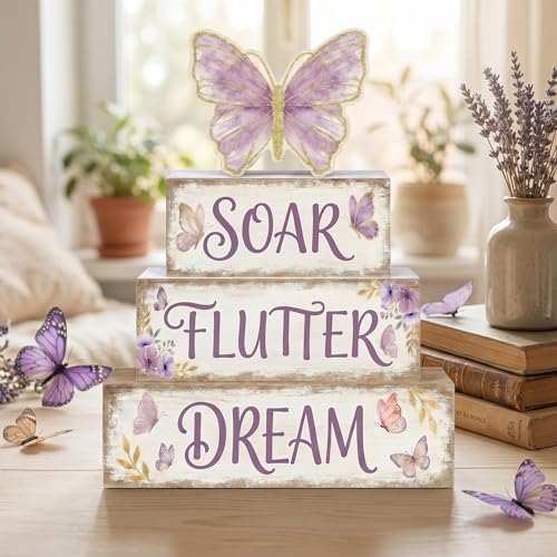 Britimes Tiered Tray Decor Set, 4 Pack, Wooden Table Sign, Butterfly Floral - style: Butterfly