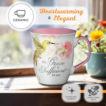 Christian Art Gifts Large Ceramic Inspirational Scripture Coffee & Tea Mug for Women: Grace is Sufficient Silver Bible Verse, Cute Lime Green Hummingbird Novelty Drinkware, White/Pink Floral, 14 oz. - color: Pink/Grace