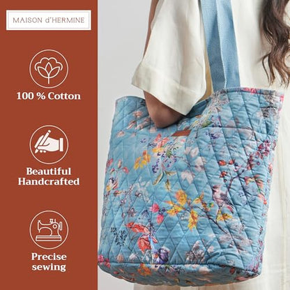 Maison d' Hermine Shopping Bags Cotton Quilted Tote Bag with Zipper Pockets - color: 037 - Equinoxe - Blue