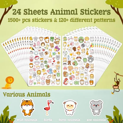 LINAYE 24 Sheets Cute Kawaii Stickers Pack - 1500PCS Adhesive Animal Stickers for Kids, Girls, Classroom - style: Kawaii Animal 24 Sheets