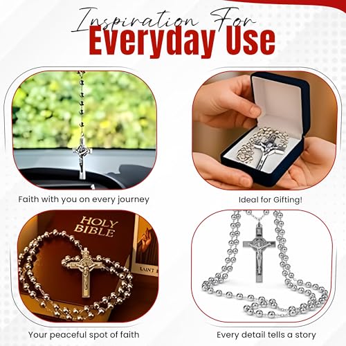 SANCTUM VERITAS Catholic Rosary Necklace | Large Italian Prayer Beads Gift - style: Silver Steel